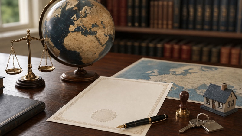 Un Certificado Sucesorio Europeo sobre una mesa junto a un globo terráqueo y un mapa de Europa