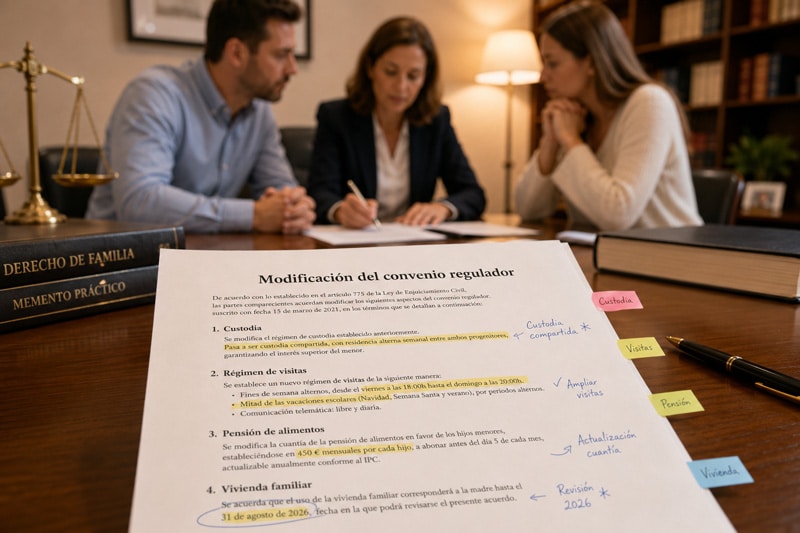 A lawyer making notes on the modification of measures in a divorce settlement agreement