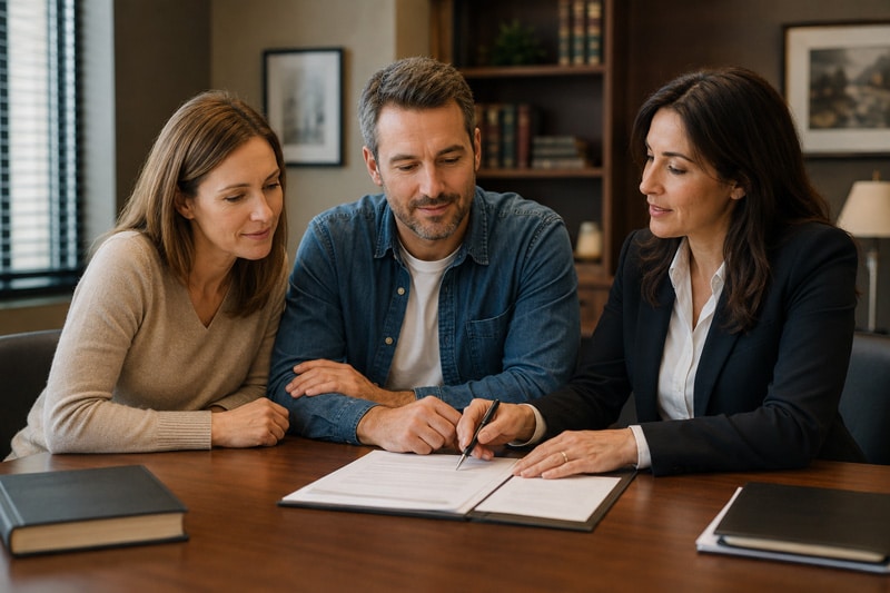 Couple reviewing a divorce settlement agreement with a lawyer during a mutual agreement divorce