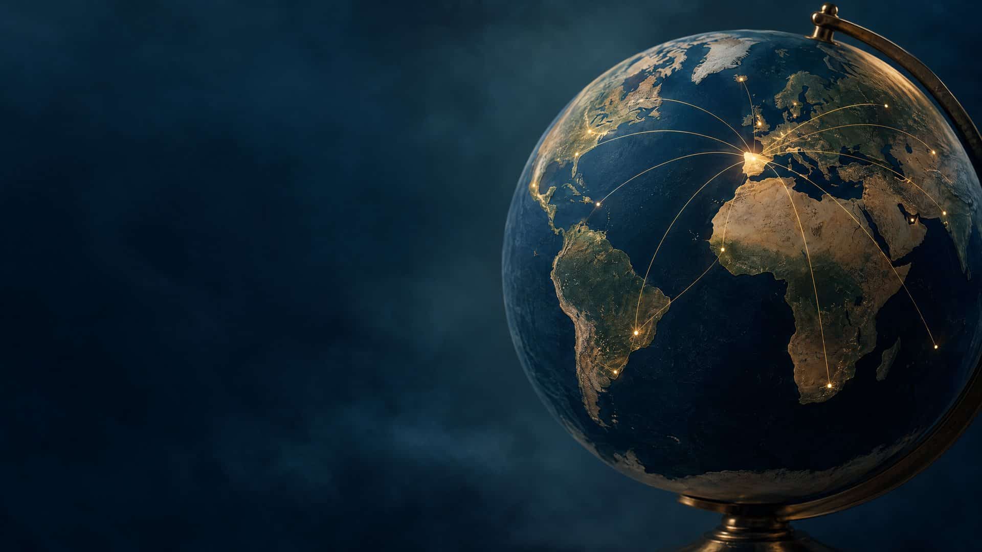 Globo terráqueo con España conectada mediante rutas a distintos países.